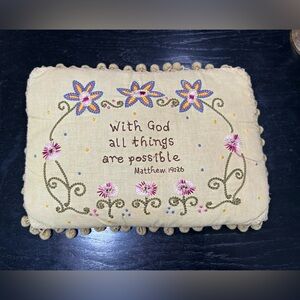 Embroidered Floral Throw Pillow bible verse- some wear Pom trim sage green